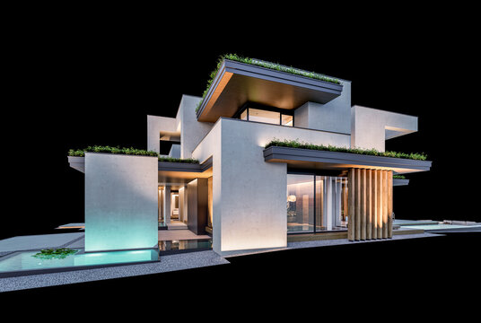 3d rendering of two-story house with concrete facade isolated on black