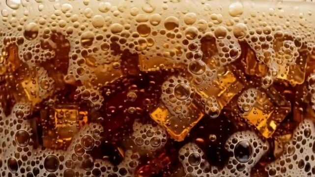 Sparkling cola with ice cubes bubbling under creamy foam top