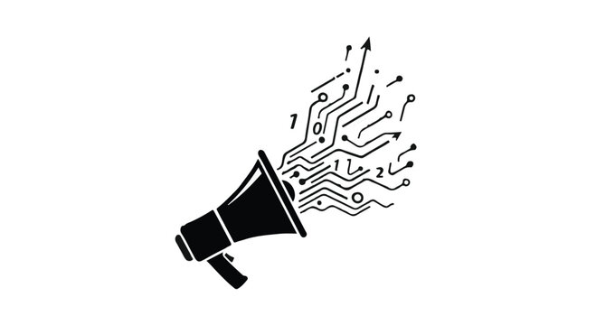 Megaphone graphic emits a digital circuit board pattern with binary code and data flowing out.