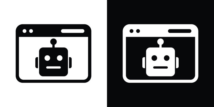 Web automation icon showing a robot assistant head inside a browser window wireframe. Ideal for automated software, web bots, AI browsers, and online chat systems.