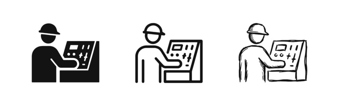 Operator worker icon set with control panel in flat, outline, and hand-drawn styles
