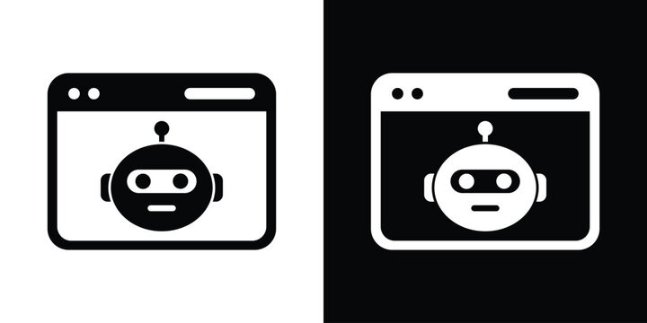 Web automation icon showing a robot assistant head inside a browser window wireframe. Ideal for automated software, web bots, AI browsers, and online chat systems.