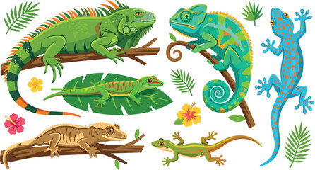 Cute lizards and reptiles cartoon vector character collection, featuring iguana chameleon gecko and tropical foliage © Arishfa