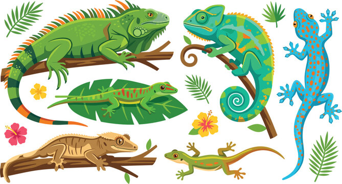 Cute lizards and reptiles cartoon vector character collection, featuring iguana chameleon gecko and tropical foliage