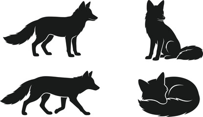 Fox black silhouette vector icon collection, featuring wild animal standing sitting walking and sleeping poses © Arishfa