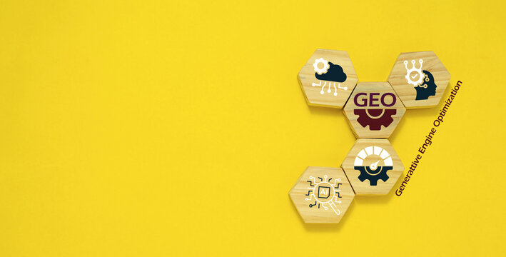 Generative Engine Optimization GEO Concept with AI and Search Icons on Wooden Hexagon Blocks, Digital Marketing Strategy