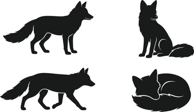 Fox black silhouette vector icon collection, featuring wild animal standing sitting walking and sleeping poses
