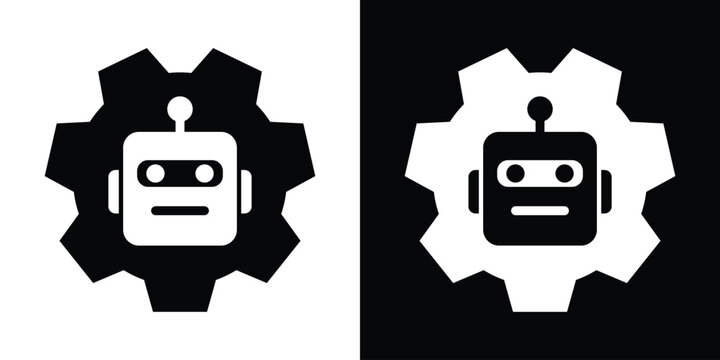 AI process icon showing a robot head integrated inside a mechanical gear configuration. Represents automated workflows, engineering, robotics, and smart industry systems.