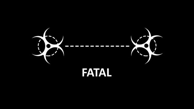 Minimalist animated biohazard symbol with fatal warning text on black background