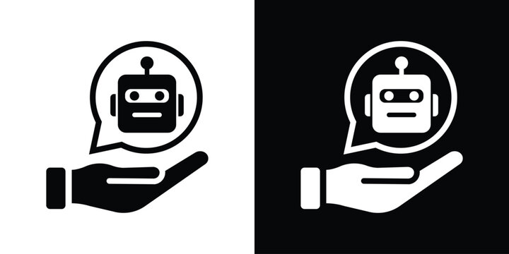 Chatbot assistant icon featuring a robot head in a speech bubble resting on a human hand. Perfect for AI customer service, virtual assistance, and tech support concepts.
