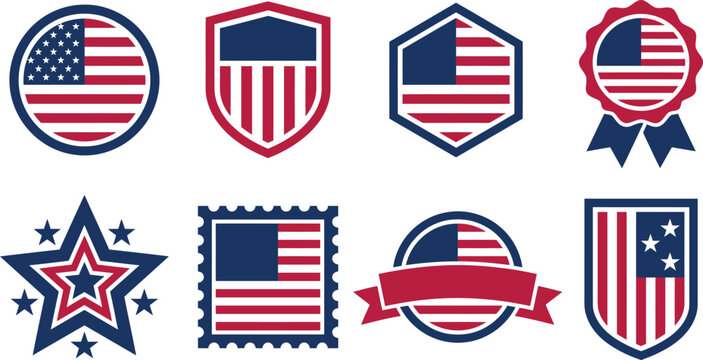 American flag icons set with various shapes and symbols  stars and stripes designs