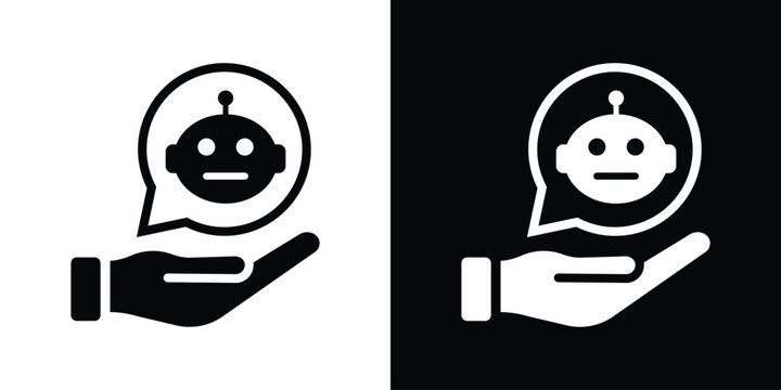 Chatbot assistant icon featuring a robot head in a speech bubble resting on a human hand. Perfect for AI customer service, virtual assistance, and tech support concepts.