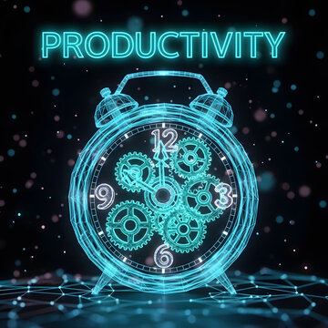 Productivity concept with holographic alarm clock and gears | Digital time management and efficiency | Neon technology and business workflow optimization | Creative wireframe clock symbol for work