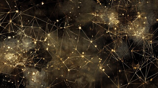 Abstract network of golden lines and light particles on a dark background