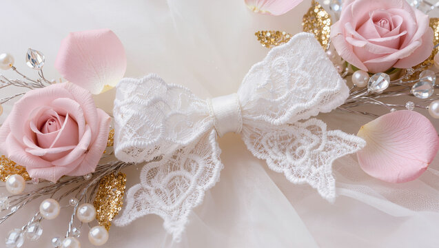 A white lace bow surrounded by tender pink roses, pearls, and crystals on a soft fabric. Concept of wedding decorations, bridal accessories retail, and festive event marketing