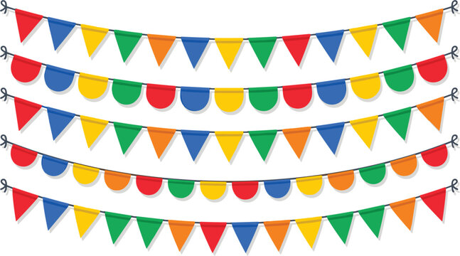 Colorful party bunting garland vector collection, featuring hanging rainbow triangle and semi circle flag strings