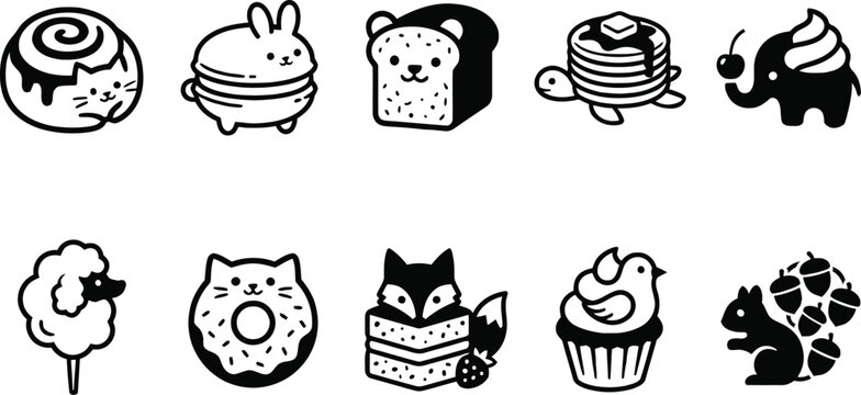 Cute animal dessert vector icons set. Kawaii bakery and sweet food illustrations with cat cinnamon roll, rabbit macaron, bear bread, turtle pancake, and donut cat. Cute food animal stickers isolated o