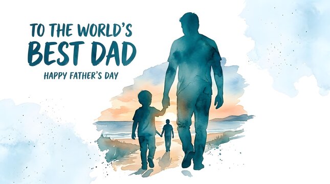 Watercolor father's day greeting with silhouette of dad and son walking on beach