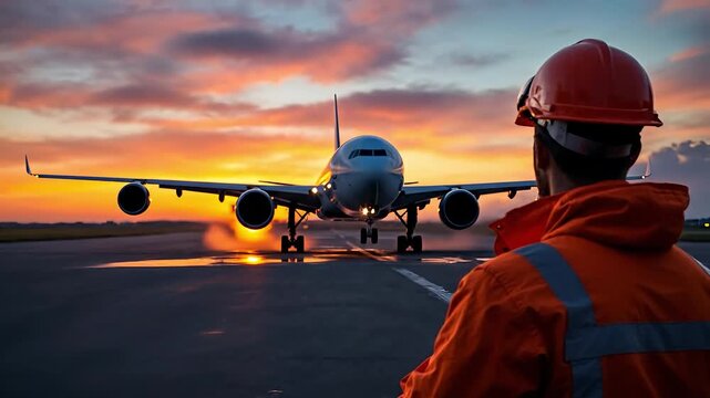 Airport worker in safety gear watches a plane on the runway at sunset.