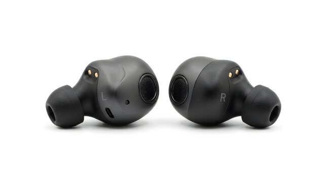 wireless earbuds isolated on white background, modern black bluetooth earphones close up, true wireless stereo earbuds mockup, 