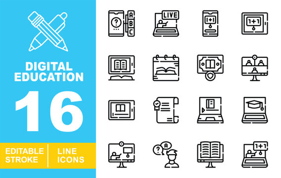Digital Education set of web icons in line style. Containing quiz, livestream, smartphone, tablet, ebook, calendar, scholarship, webinar, screen, certificate. Editable stroke icons collection.