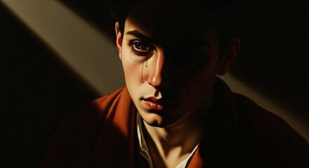 Fototapeta premium A poignant portrait capturing a moment of raw vulnerability and deep emotion, with a single tear reflecting quiet sorrow against the dramatic contrast of light and shadow on a young person's face