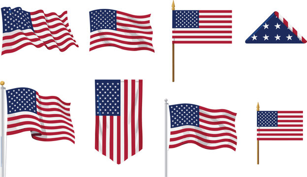 American flag vector collection, featuring different United States patriotic waving flags and folded banner elements