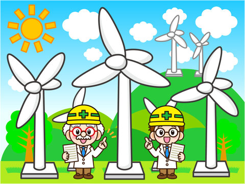 	風力発電をする科学者と博士のイラスト素材