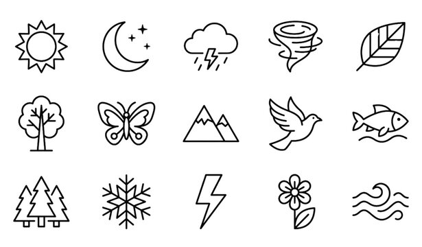 Premium nature thin line vector icon collection with weather wildlife and forest symbols