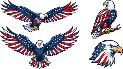 American patriotic bald eagle vector collection, featuring national bird flying sitting and head mascot designs © Arishfa