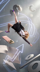 Obraz premium Businesswoman falling in finance space with dollar symbol calculator and growth arrow. Concept of market volatility, financial risk, investment pressure, budgeting, salary stress and business growth.