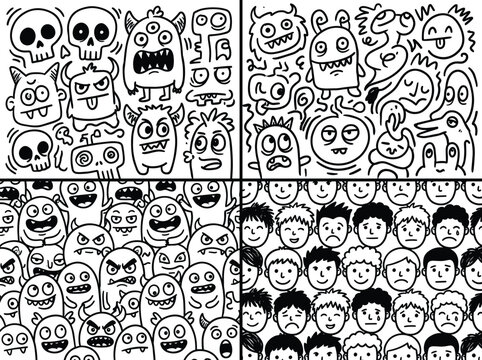 Hand drawn seamless doodle patterns featuring cute monsters skulls spooky characters and diverse human faces for creative design