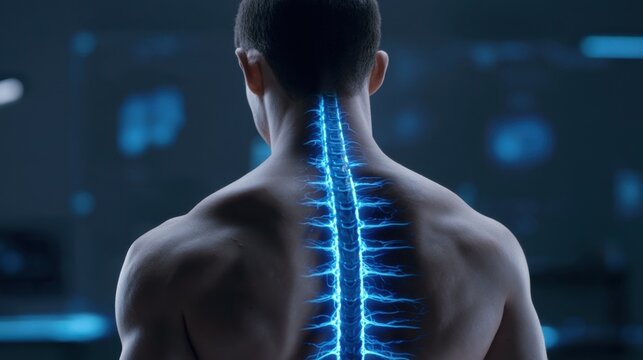 Visual representation of human spine digital animation highlighting spinal cord alignment and nerve pathways on muscular male back with dark blurred background