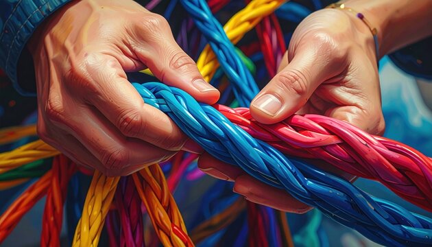 Hands Holding Colorful Twisted Rope Threads.