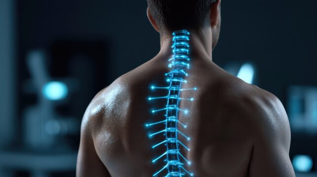 Male bare back with glowing digital spine visualization representing health technology and anatomical structure in futuristic medical concept with dark background
