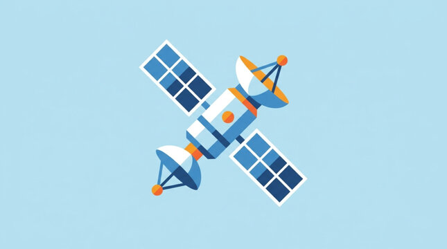 A modern satellite with solar panels and an antenna dish is depicted in a flat illustration style against a simple light blue background, conveying a sense of space exploration