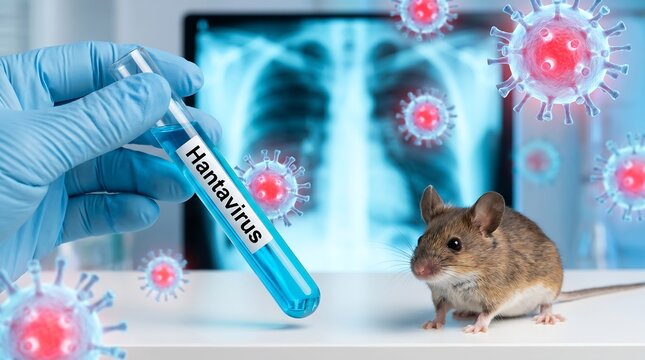 Medical researcher holding a vial labeled Hantavirus with a live mouse nearby against a background of floating viral particles and a chest X-ray for advanced infectious disease study