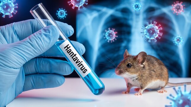 Scientist hand in blue glove holding a glass test tube labeled Hantavirus with a live mouse on a laboratory table in front of a digital chest X-ray background for medical research