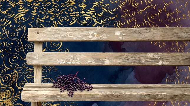 Small Clusters of Deep Purple Berries on Rustic Wooden Bench with Blue Floral Pattern