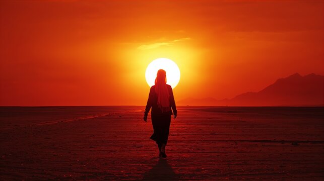 Silhueta humana no deserto com sol escaldante ao fundo