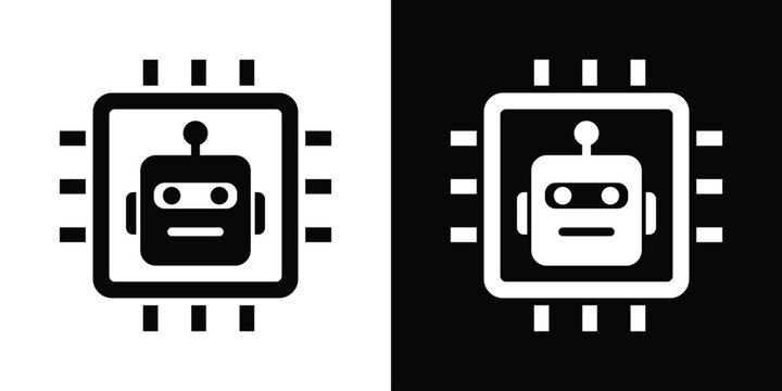 Hardware processing icon showcasing a cute robot head integrated directly inside a square microchip processor. Represents hardware intelligence, CPU power, and smart tech.