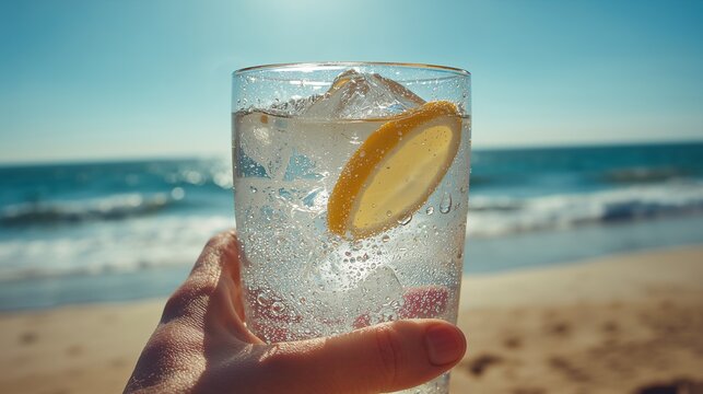 Copo de &aacute;gua com lim&atilde;o na praia ensolarada