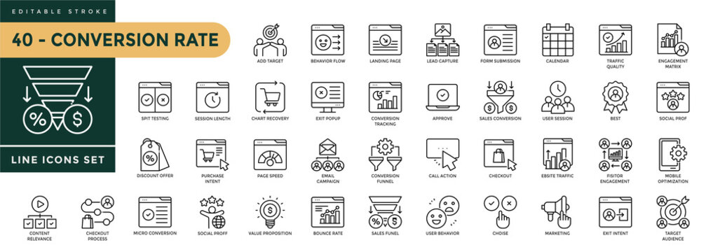 A collection of Conversion Rate icons set with editable stroke, including target audience, split testing, call to action, traffic quality, customer behavior, analytics. Thin linear vector illustration