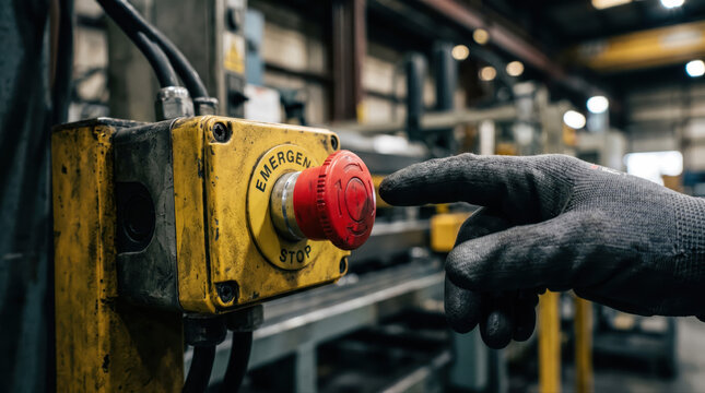 Safety training workplace rules concept. Gloved hand reaching to press an emergency stop button in an industrial factory setting.