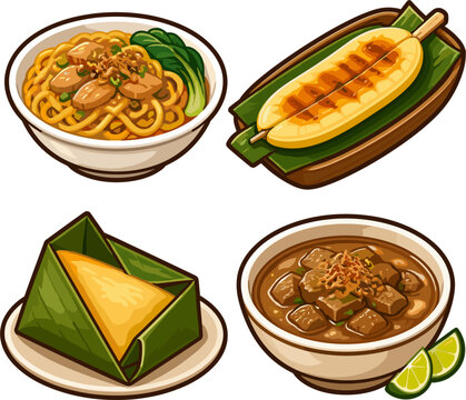 Pixel art collection of Indonesian food: mie ayam, sate pisang, nasi tim, and soto, 8-bit style illustration