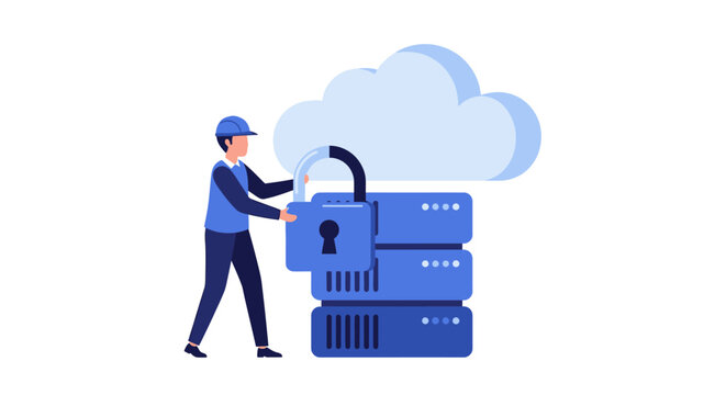 Cloud Computing Security and Data Protection Concept. IT Professional Securing Server Database with Large Padlock. Vector Flat Illustration.