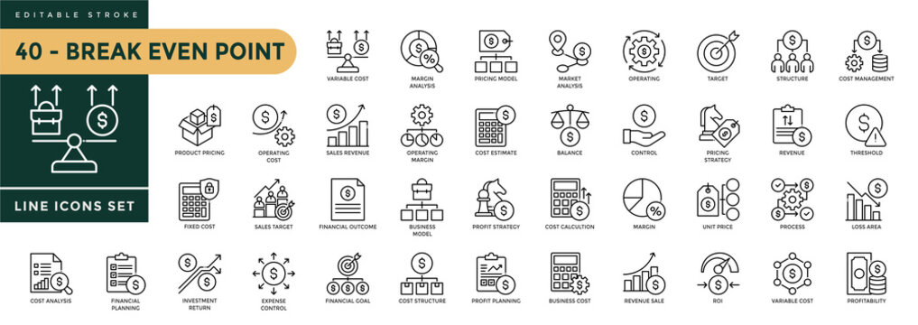 A collection of Break Even Point icons set with editable stroke, including income statement, cash flow, financial planning, business model, investment return. Thin linear vector illustration.