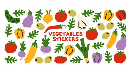 Obraz premium Vegetable stickers collection in playful flat style. Colorful organic vegetables and herbs for grocery branding, healthy packaging, scrapbooking and kitchen decor projects.