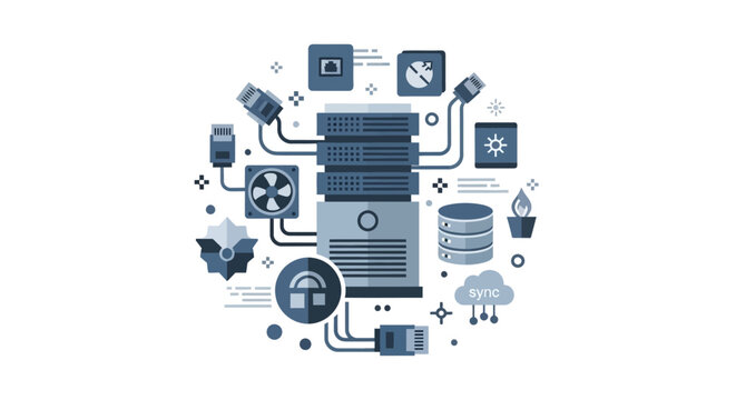 Data Center Infrastructure Illustration with Server Rack Cloud Sync and Network Security Icons