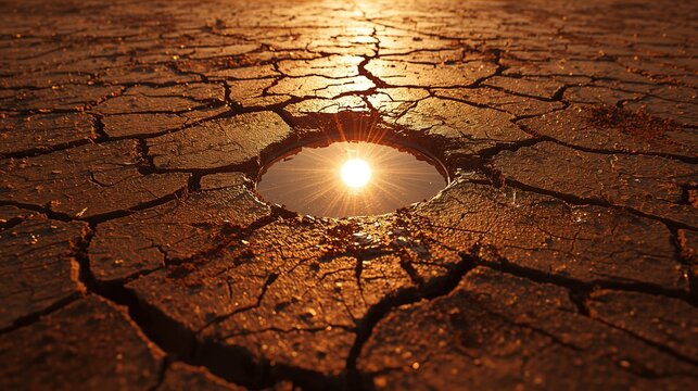 Sol refletindo em uma po&ccedil;a de &aacute;gua em um solo rachado